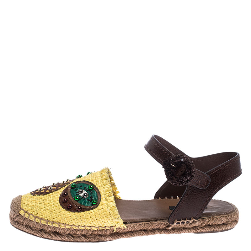 

Dolce & Gabbana Yellow Raffia/Leather Pineapple and Kiwi Patch Espadrille Sandals Size