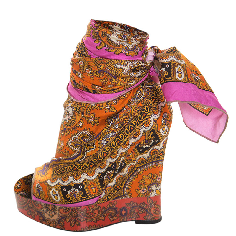 

Dolce and Gabbana Multicolor Scarf Open Toe Ankle Wrap Wedge Pumps Size