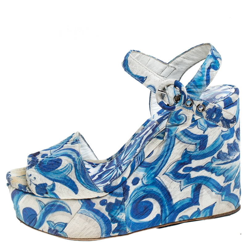 

Dolce & Gabbana Blue/White Majolica Print Canvas Ankle Strap Wedge Sandals Size