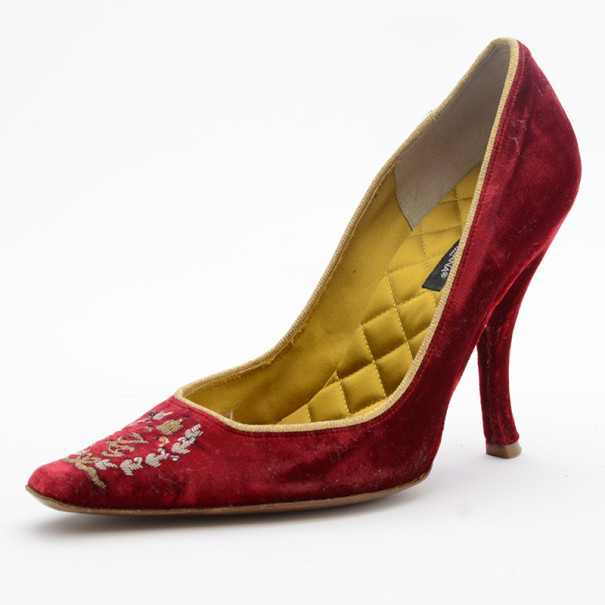 Dolce and Gabbana Red Velvet Embroidered Pumps Size 36