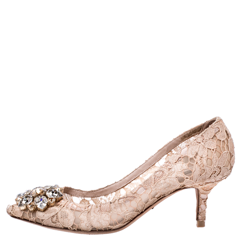 

Dolce & Gabbana Beige Crystal Embellished Lace Bellucci Pointed Toe Pumps Size