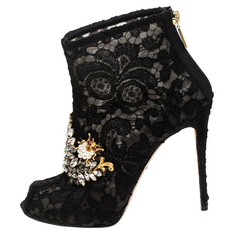 

Dolce & Gabbana Black Lace Crystal Embellished Peep Toe Booties Size