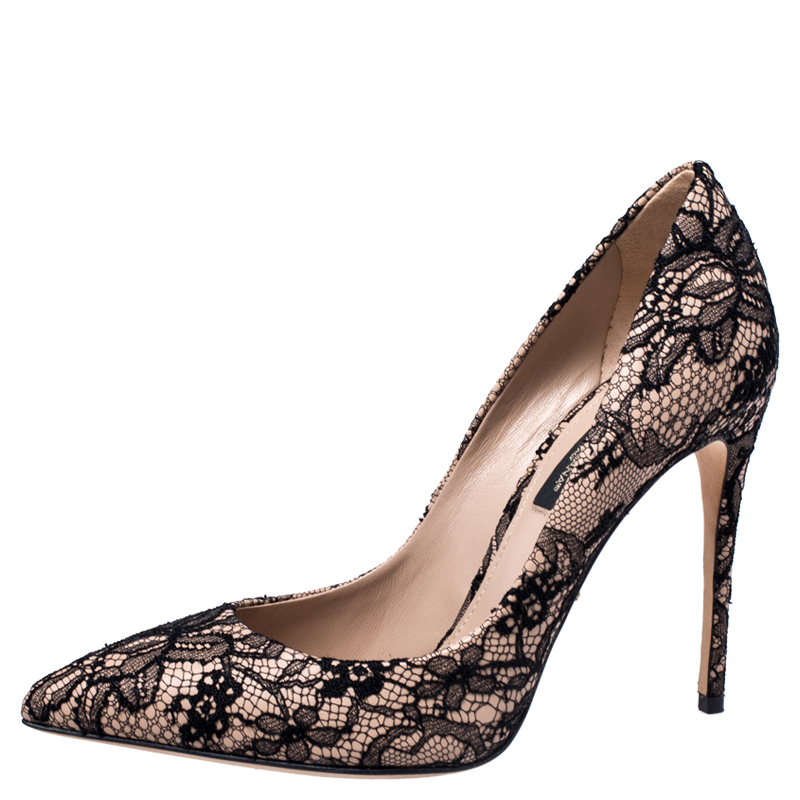 

Dolce & Gabbana Black/Beige Floral Lace Pointed Toe Pumps Size