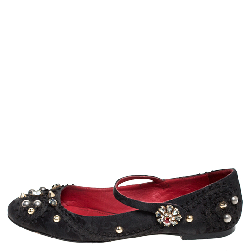 

Dolce and Gabbana Black Brocade Fabric Embellished Mary Jane Ballet Flats Size
