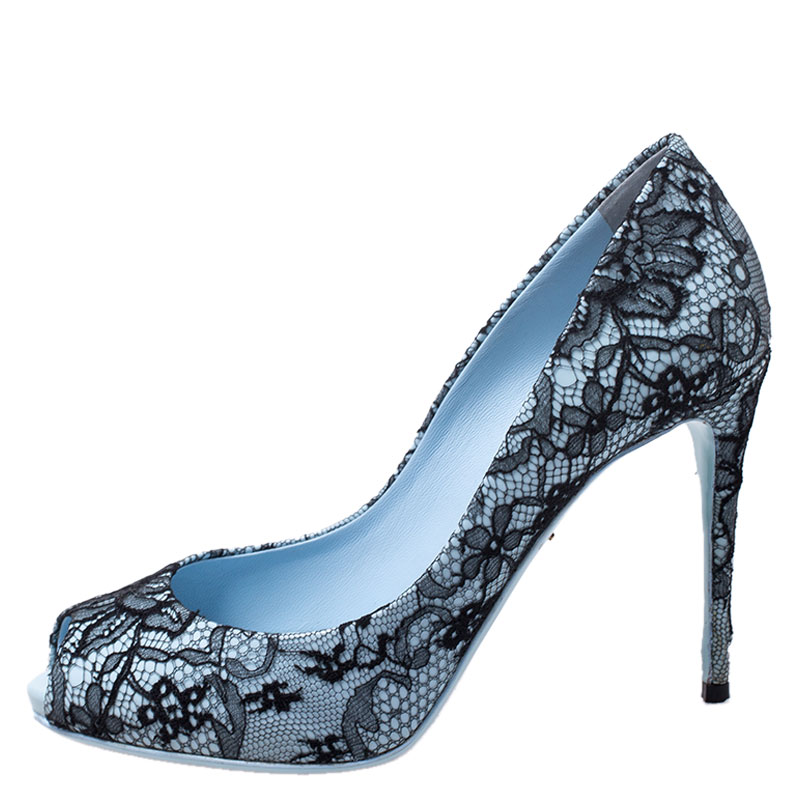 

Dolce & Gabbana Blue Patent Leather and Black Lace Peep Toe Pumps Size