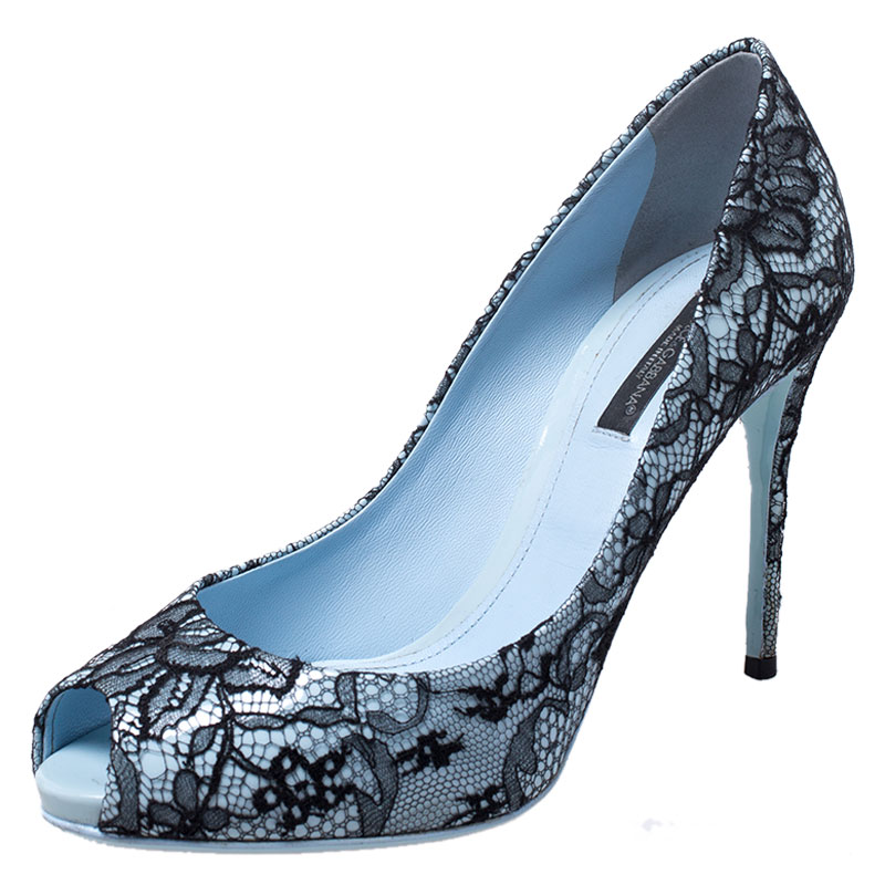Click to view more detailed imagery on our partner's website Dolce & Gabbana Blue Patent Leather And Black Lace Peep Toe Pumps Size 37