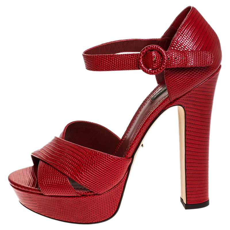 

Dolce & Gabbana Red Embossed Lizard Leather Cross Strap Platform Sandals Size