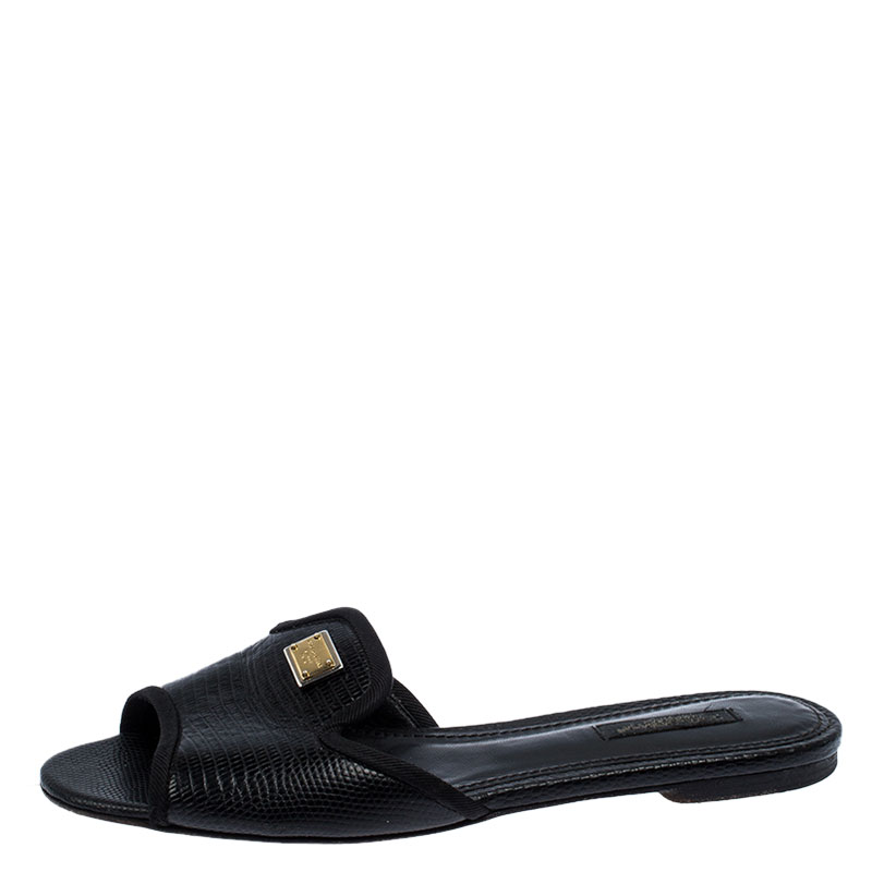 

Dolce & Gabbana Black Lizard Embossed Leather Sofia Slides Size