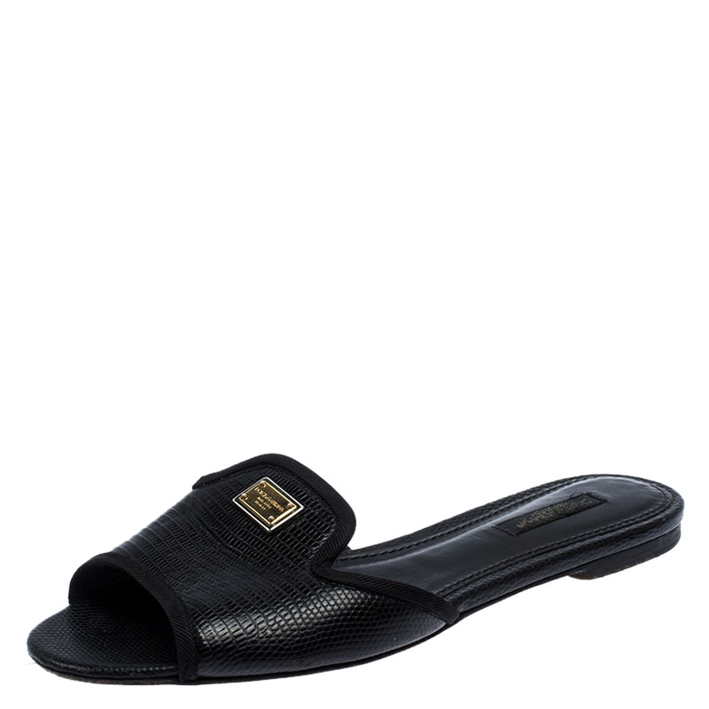 Pre-owned Dolce & Gabbana Black Lizard Embossed Leather Sofia Slides Size 37.5