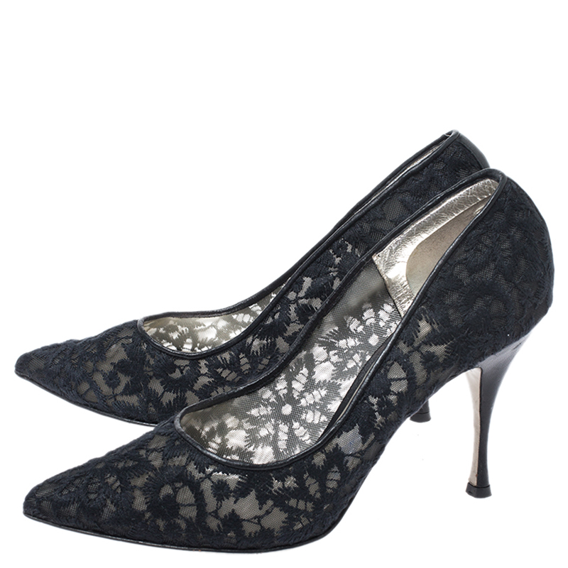Pre-owned Dolce & Gabbana Black Embroidered Mesh And Leather Trim Pointed Toe Pumps Size 40