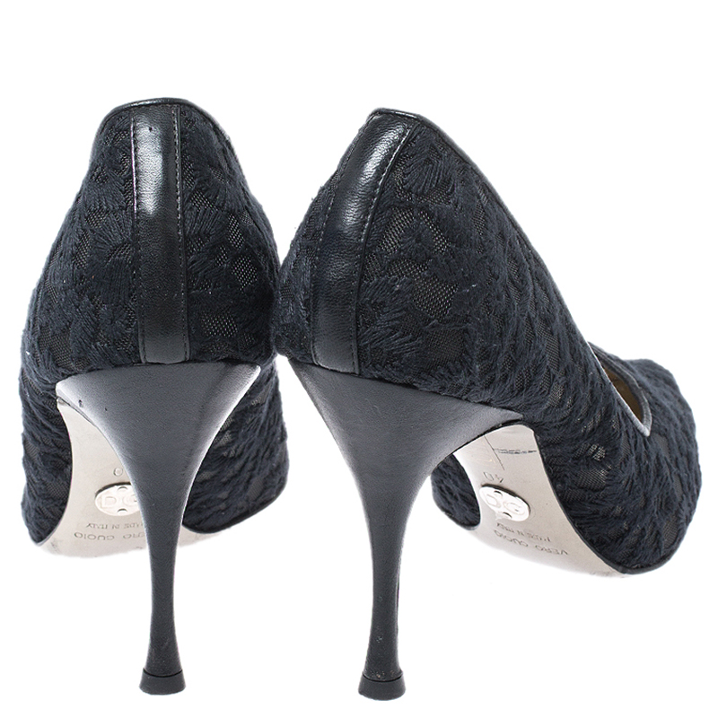 Pre-owned Dolce & Gabbana Black Embroidered Mesh And Leather Trim Pointed Toe Pumps Size 40