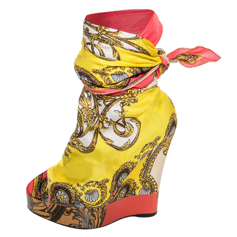 

Dolce & Gabbana Multicolor Scarf Open Toe Ankle Wrap Wedge Pumps Size