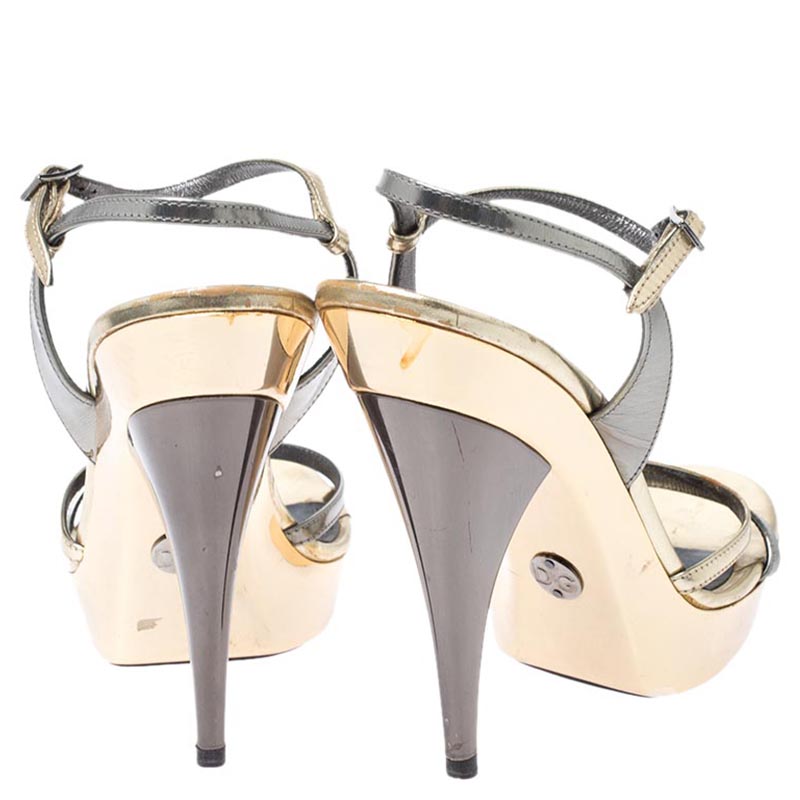 Pre-owned Dolce & Gabbana Metallic Silver/gold Leather Strappy Platform Sandals Size 39