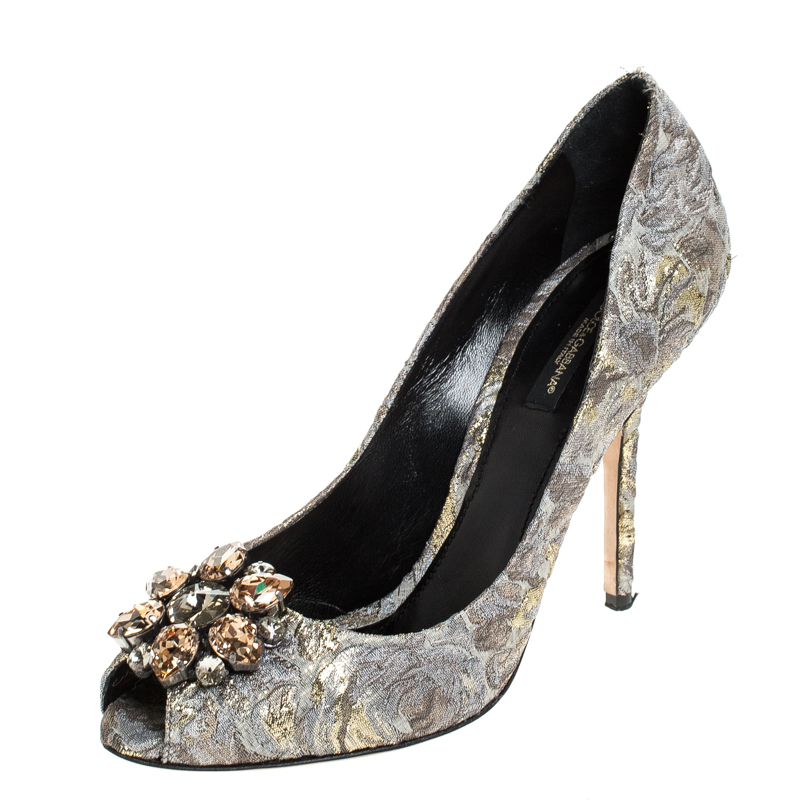 Pre Owned Dolce and Gabbana Grey Floral Print Brocade Fabric Bellucci Crystal Embellished Pointed Toe Pumps Size 39