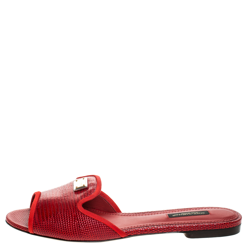 

Dolce & Gabbana Red Lizard Leather Flat Slides Size