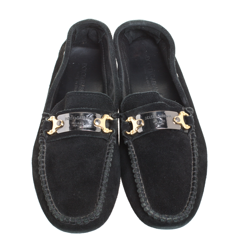 Pre-owned Dolce & Gabbana Black Suede Metal Logo Slip On Loafers Size 41