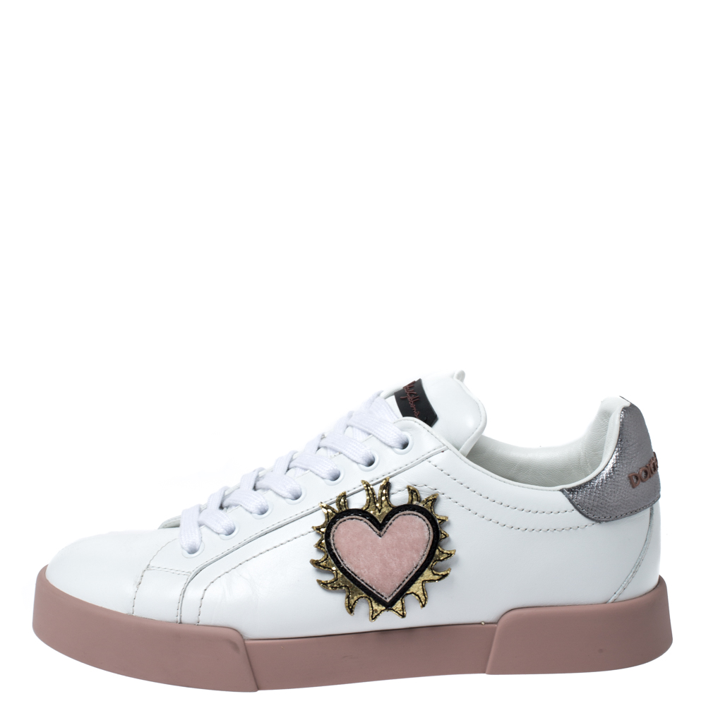 

Dolce & Gabbana White Leather Portofino Love Applique Low Top Sneakers Size