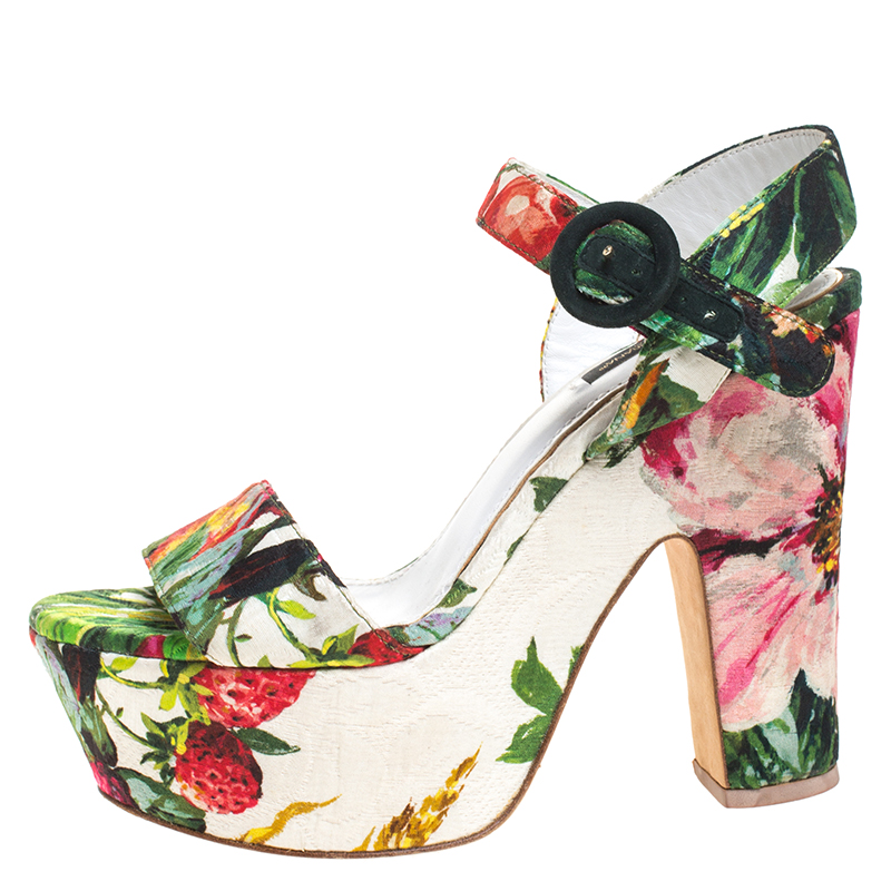 

Dolce & Gabbana Multicolor Floral Brocade Ankle Strap Platform Block Heel Sandals Size