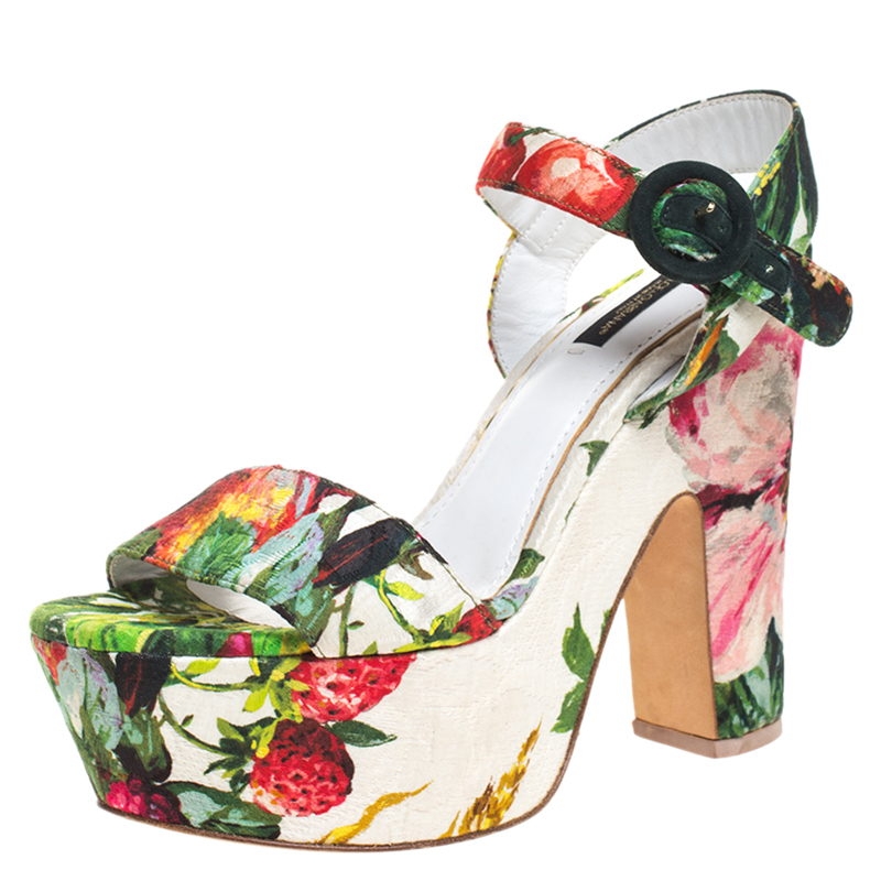 Pre-owned Dolce & Gabbana Multicolor Floral Brocade Ankle Strap Platform Block Heel Sandals Size 38.5
