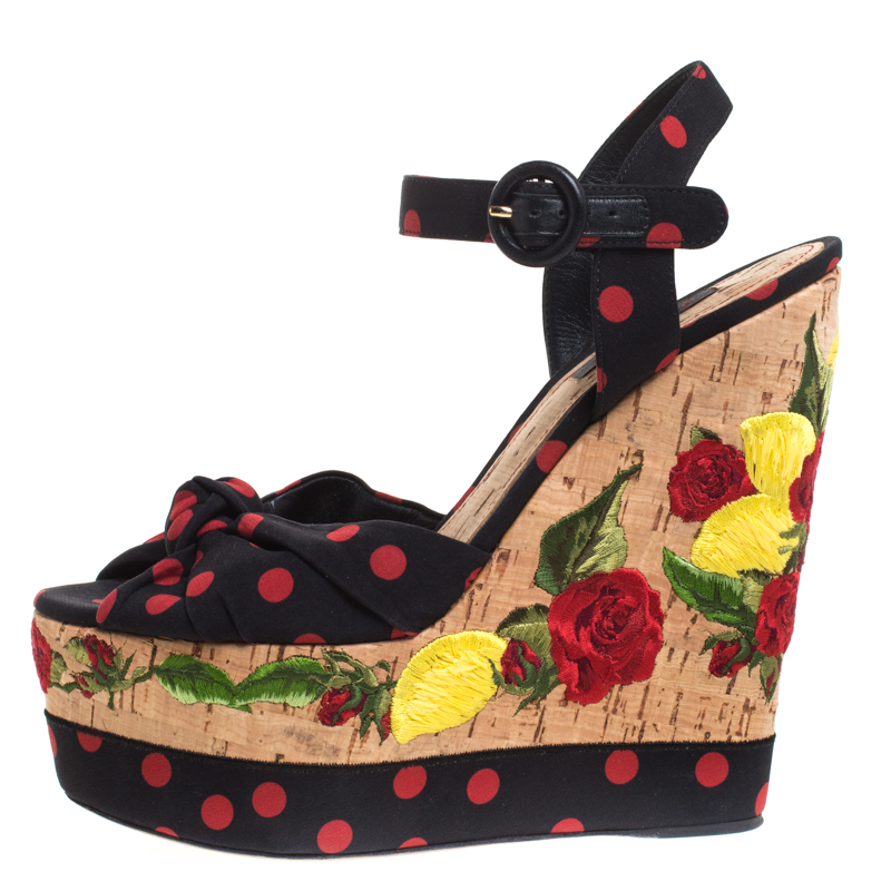 

Dolce & Gabbana Black/Red Polka Dot Knot Fabric Cork Wedge Embroidery Detail Sandals Size