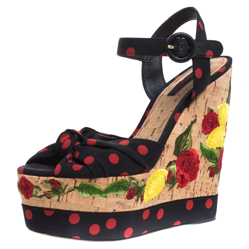 Pre-owned Dolce & Gabbana Black/red Polka Dot Knot Fabric Cork Wedge Embroidery Detail Sandals Size 40