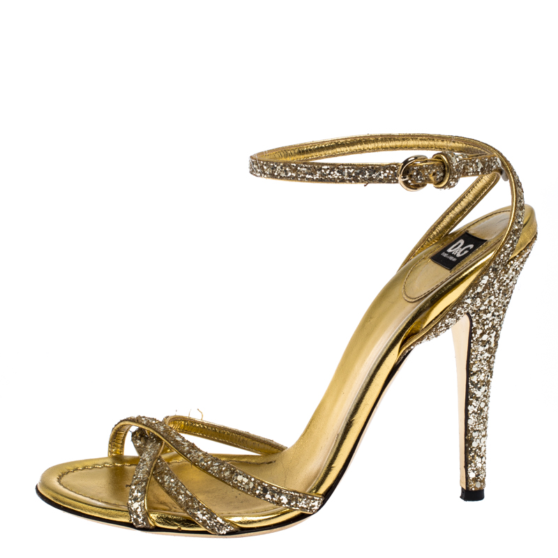 

Dolce & Gabbana Gold Strappy Glitter and Leather Open Toe Ankle Strap Sandal Size