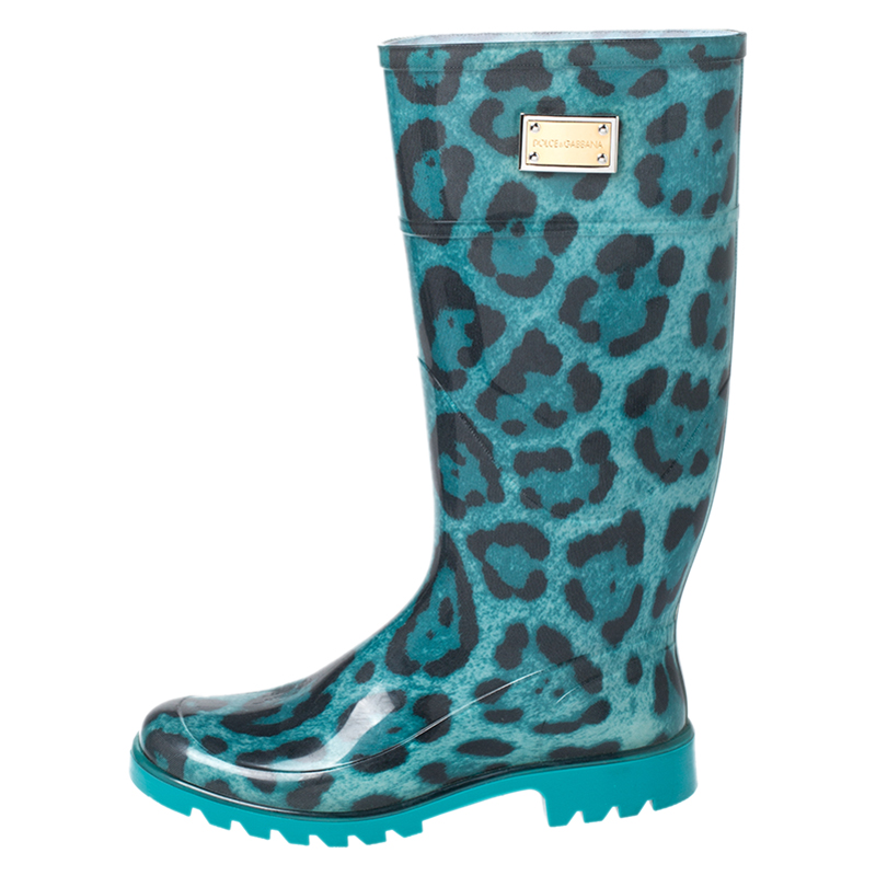 

Dolce & Gabbana Teal/Black Leopard Print PVC Knee High Rain Boots Size, Green