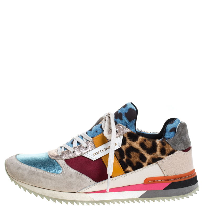 

Dolce and Gabbana Multicolor Leather, Suede And Pony Hair Celeste Sabbia Low Top Sneakers Size