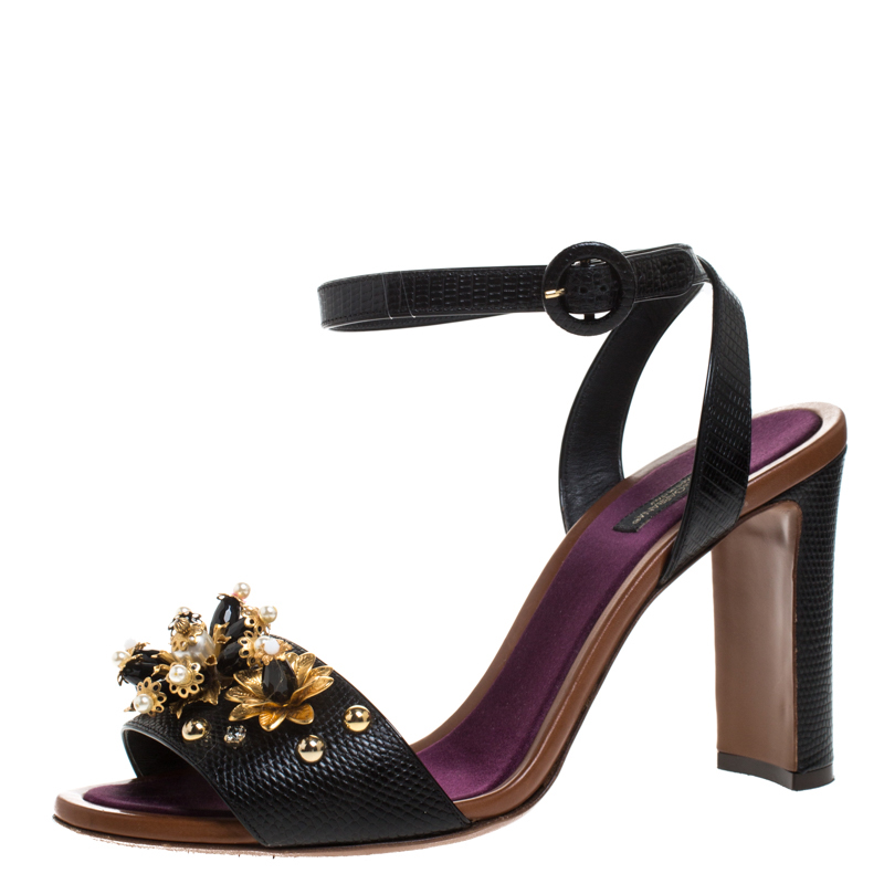 مملوكة مسبقًا Dolce & Gabbana Black Lizard Embossed Leather Bejeweled Floral Pearls Ankle Strap Sandals Size 41