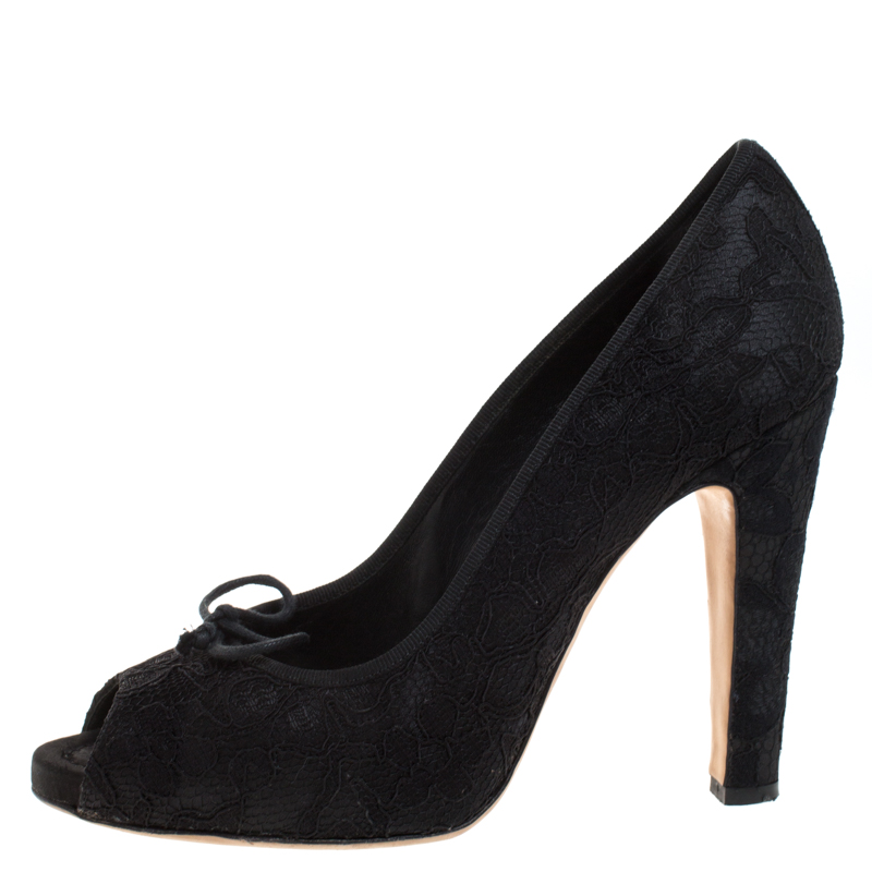 

Dolce & Gabbana Black Lace Jubilee Bow Peep Toe Pumps Size