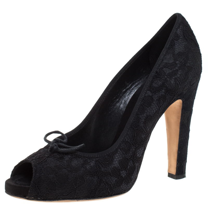 Pre-owned Dolce & Gabbana Black Lace Jubilee Bow Peep Toe Pumps Size 40