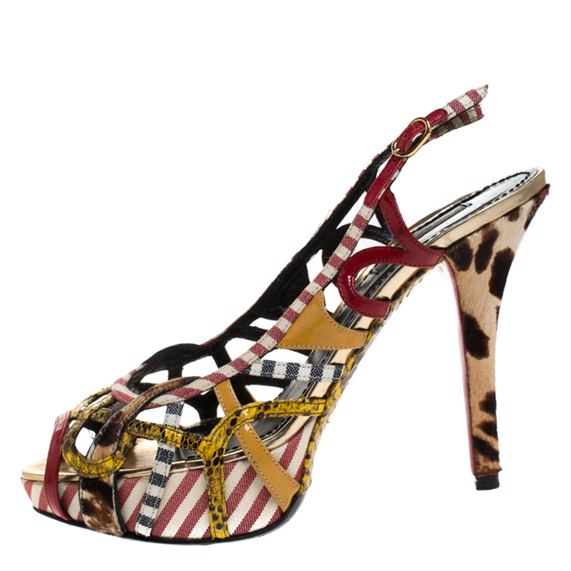 

Dolce & Gabbana Multicolor Python Leather and Canvas Strappy Platform Sandals Size