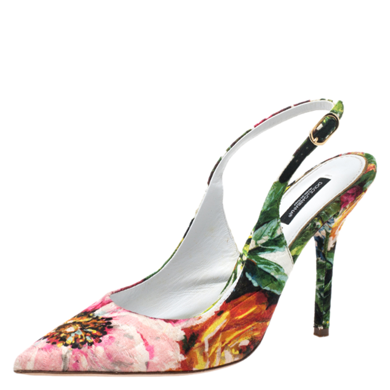 مملوكة مسبقًا Dolce & Gabbana Multicolor Floral Print Brocade Slingback Pointed Toe Sandals Size 39.5
