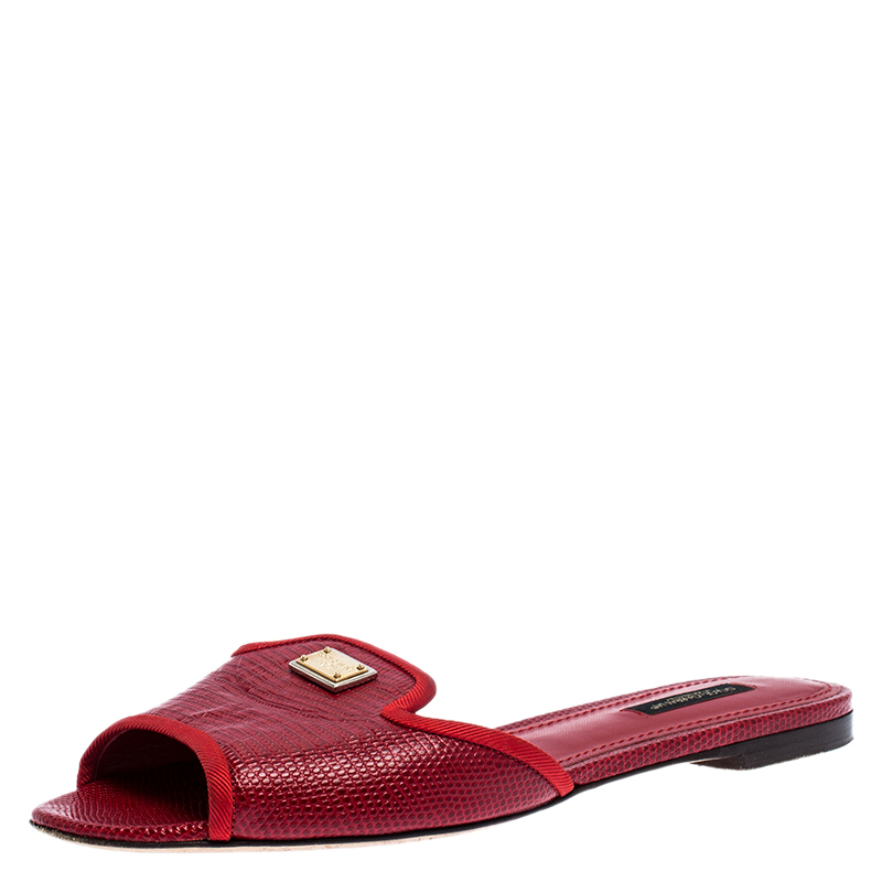 Pre Owned حذاء سلايد فلات دولتشي آند غابانا سوفيا جلد نقشة السحالي أحمر مقاس 38