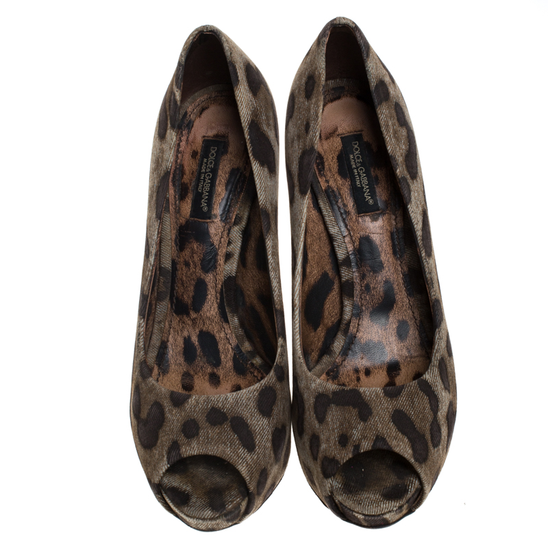 Pre-owned Dolce & Gabbana Brown Leopard Print Canvas Peep Toe Platform Pumps Size 37