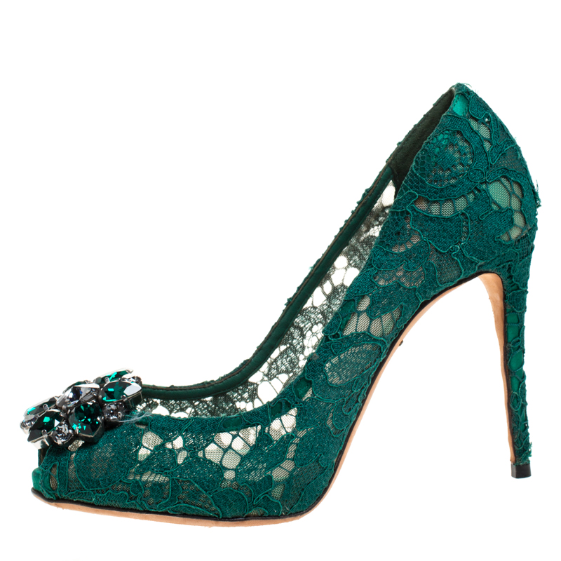 

Dolce & Gabbana Green Lace Crystal Embellished Peep Toe Pumps Size