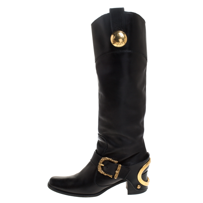 

Dolce & Gabbana Black Leather Buckle Mid Calf Boots Size