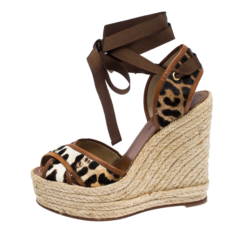 

Dolce and Gabbana Leopard Pony Hair and Leather Ankle Wrap Espadrille Wedges Size, Brown