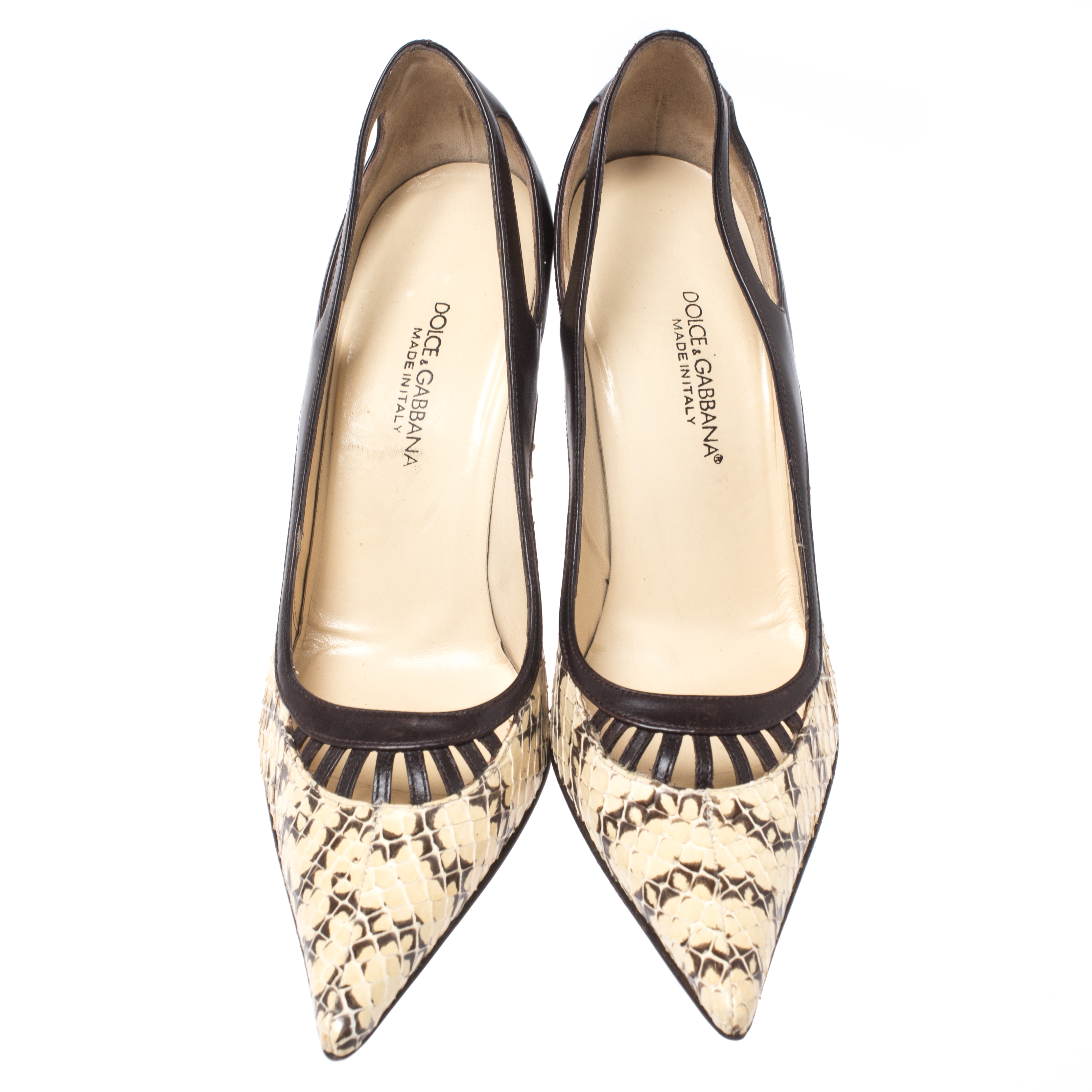 Pre-owned Dolce & Gabbana Brown/cream Python And Leather Cutout Pointed Toe Pumps Size 38.5 In Multicolor
