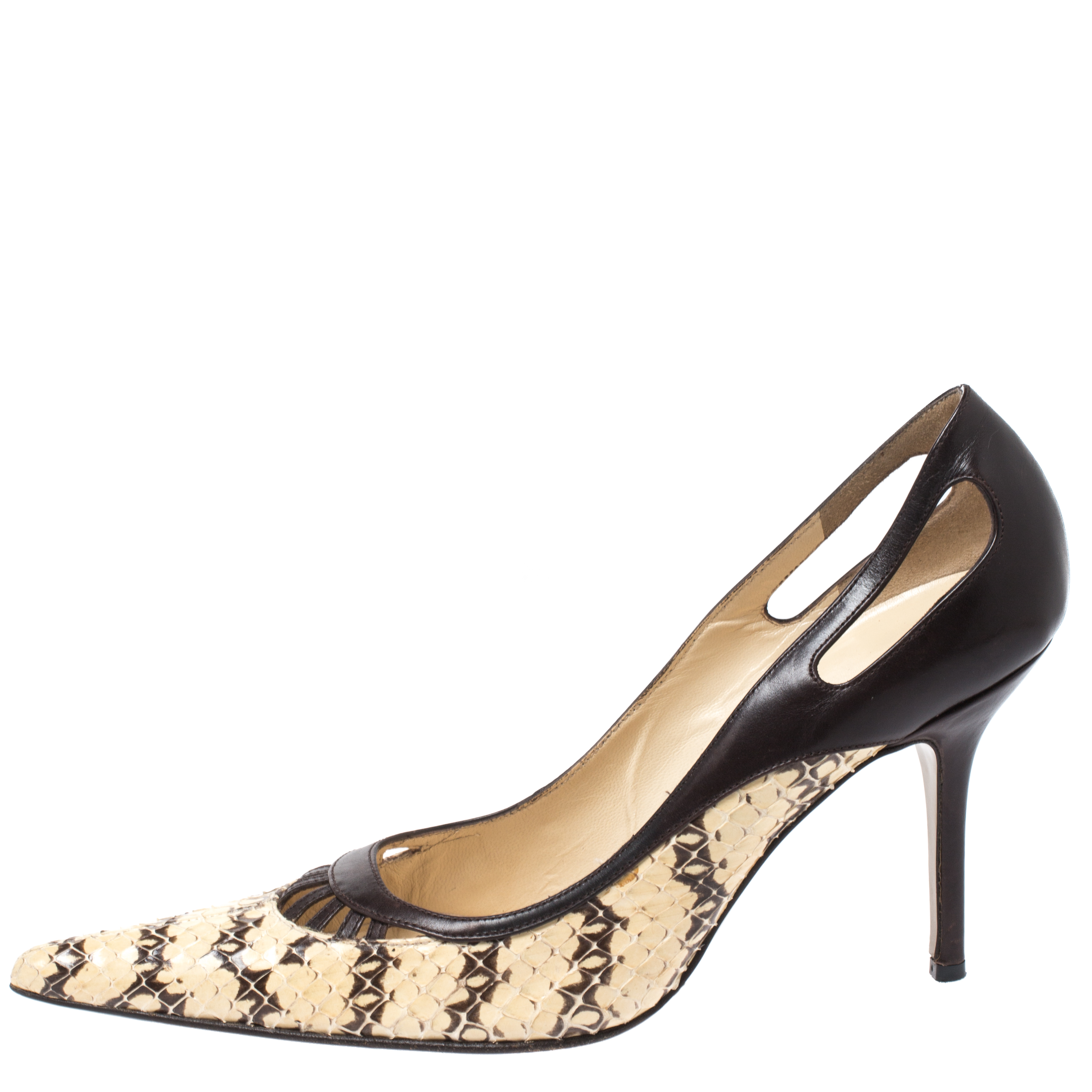 Pre-owned Dolce & Gabbana Brown/cream Python And Leather Cutout Pointed Toe Pumps Size 38.5 In Multicolor