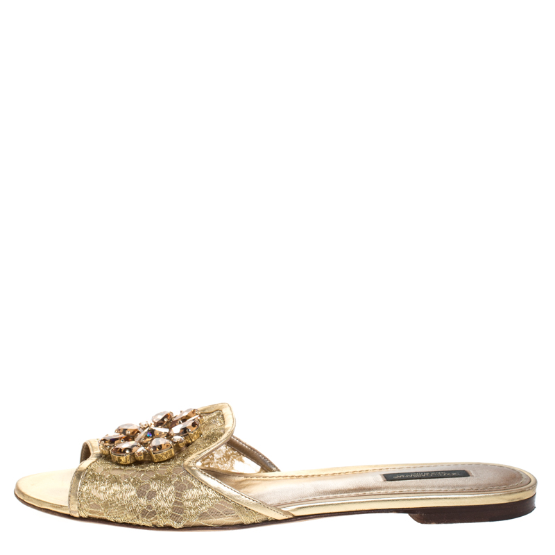 

Dolce & Gabbana Gold Lace Sofia Crystal Embellished Slide Flats Size