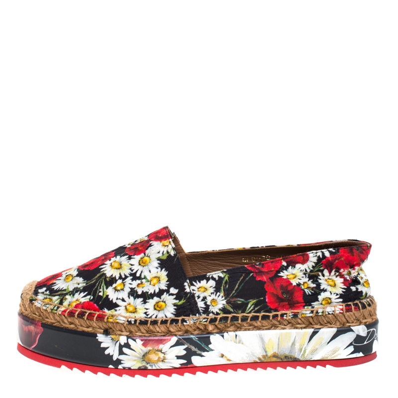 

Dolce & Gabbana Multicolor Poppy/Daisy Print Fabric Platform Espadrille Flats Size