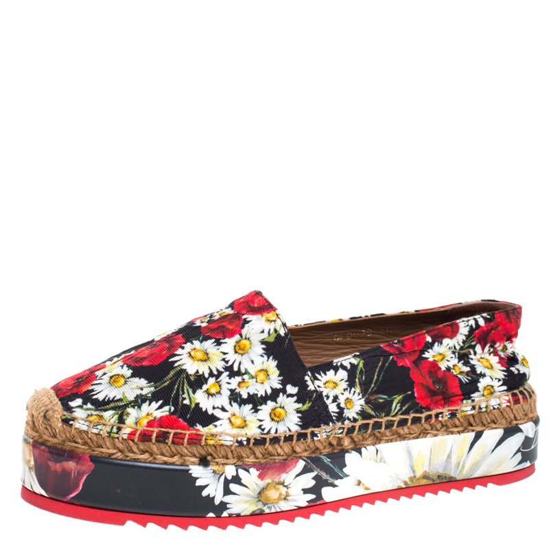 Pre Owned Dolce & Gabbana Multicolor Poppy/Daisy Print Fabric Platform Espadrille Flats Size 40