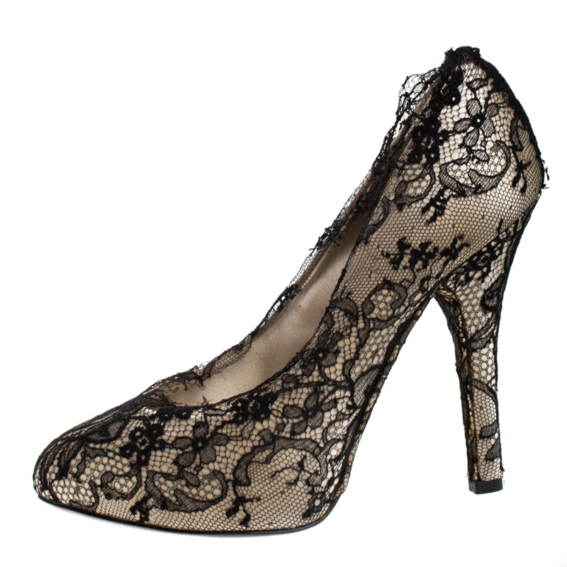 

Dolce & Gabbana Cream Satin And Black Lace Platform Pumps Size