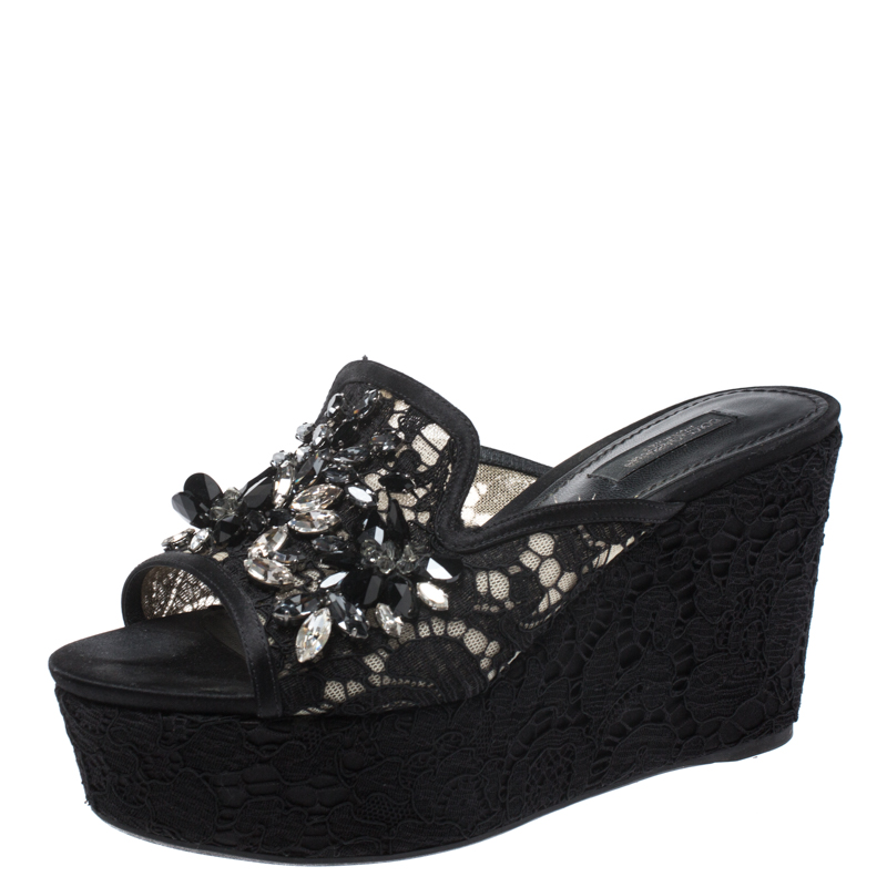 Pre Owned Dolce and Gabbana Black Lace Crystal Embellished Wedge Slides Size 36