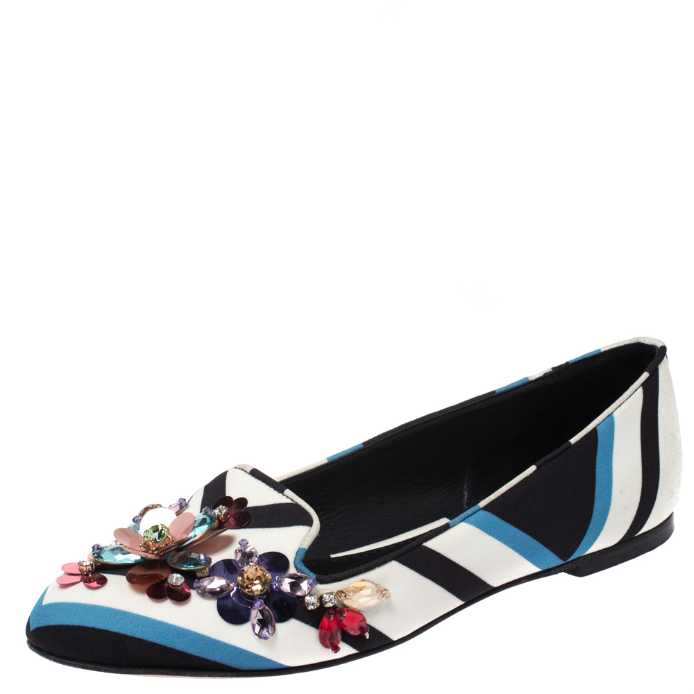 Pre-owned Dolce & Gabbana Multicolor Chevron Printed Fabric Crystal Embellished Pointed Toe Ballet Flats Size 36.5