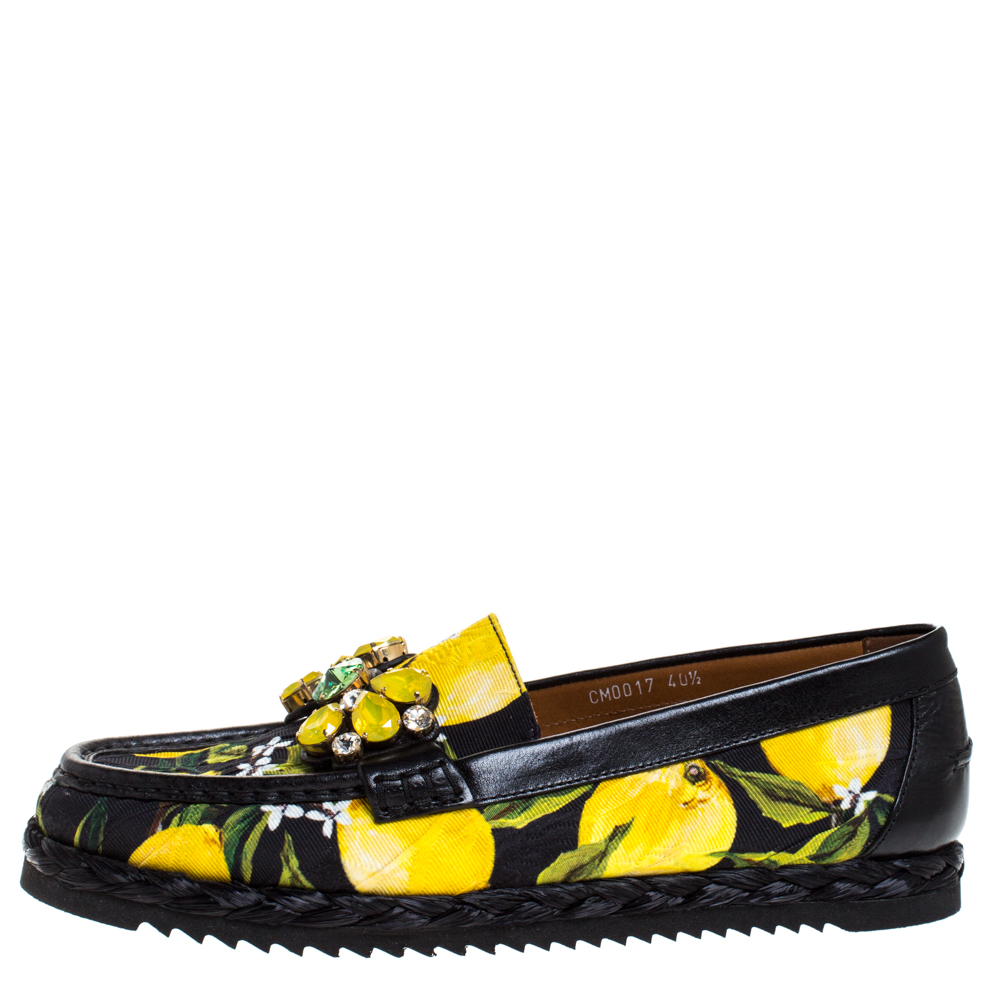 

Dolce and Gabbana Yellow/Black Lemon Print Fabric and Leather Crystal Embellished Loafers Size