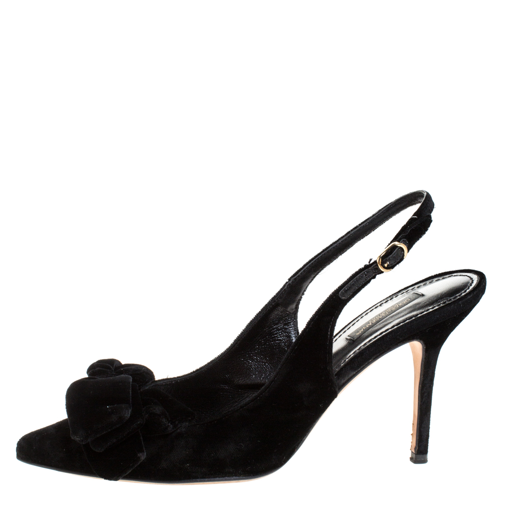 

Dolce&Gabbana Black Velvet Bellucci Bow Pointed Toe Slingback Sandals Size