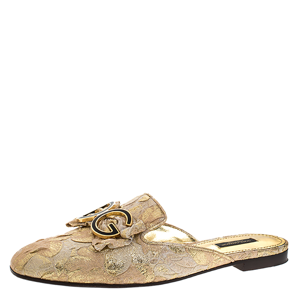 Pre-owned Dolce & Gabbana Gold Brocade Fabric Logo Slide Mules Size 40
