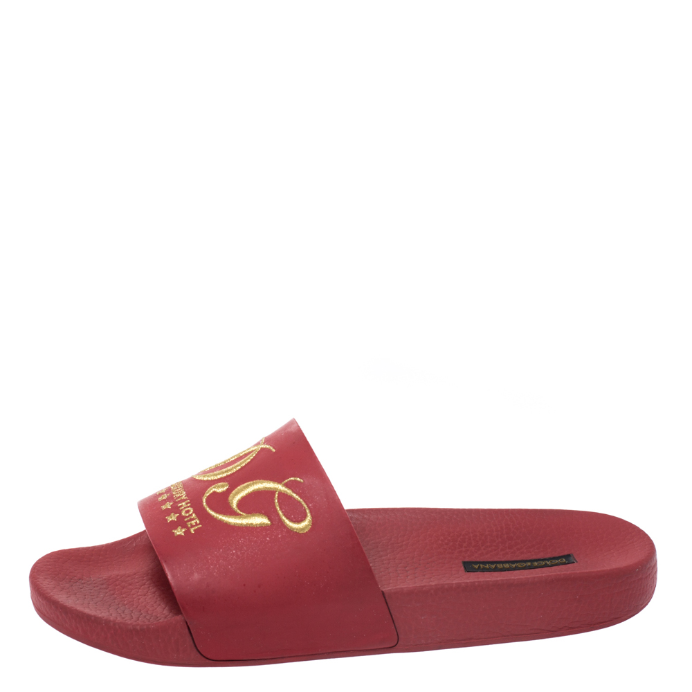 

Dolce & Gabbana Red Rubber DG Embroidered Flat Pool Slides Size